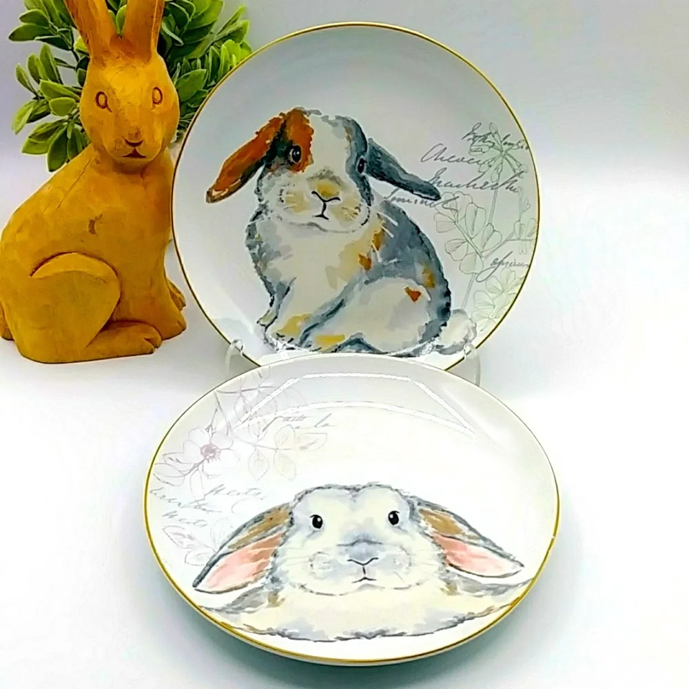 Pier 1 Pair Of “Elegant Gray Bunnies” Plates. 8
